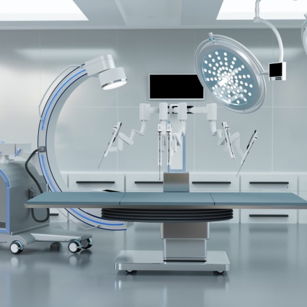 clean operating room, robot with C arm and medical equipment, 3d illustration rendering